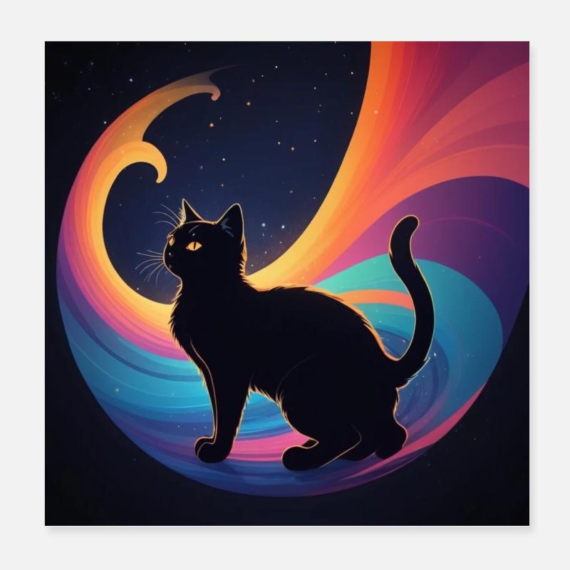 Schwarze Katze vor Regenbogenfarben Poster 20x20 cm