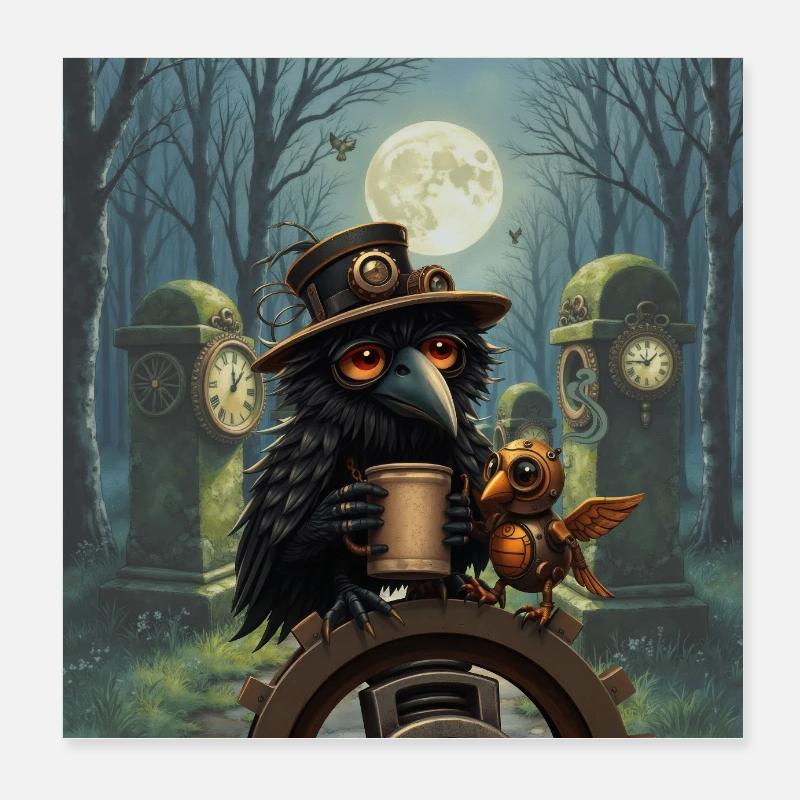 Corbeau Steampunk de nuit Poster 20 x 20 cm