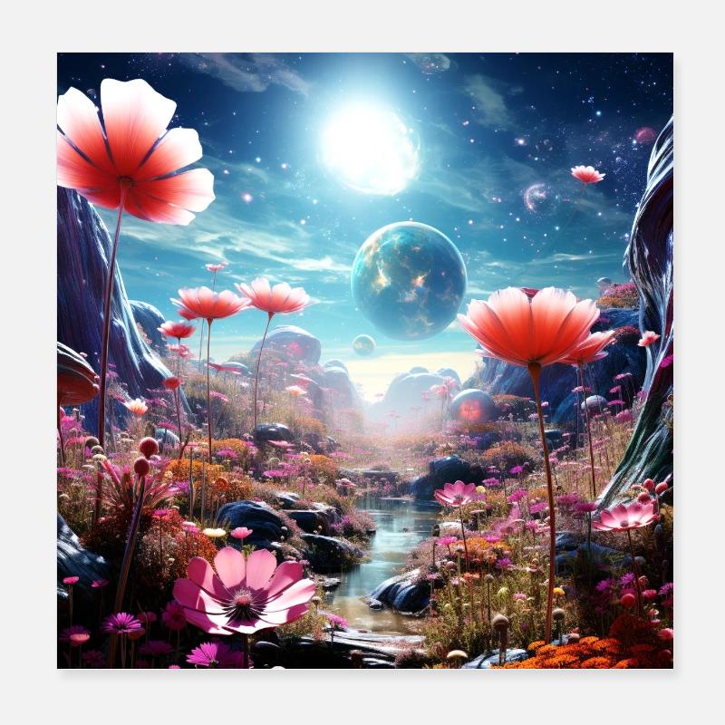 Monde lointain de fleurs dans le ciel étoilé Poster 20 x 20 cm
