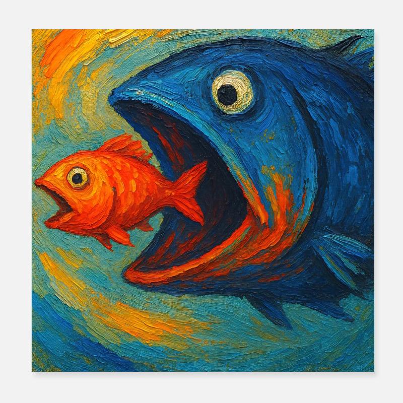 Poissons de la mer bleue à la recherche du poisson rouge - Poster 20 x 20 cm - blanc
