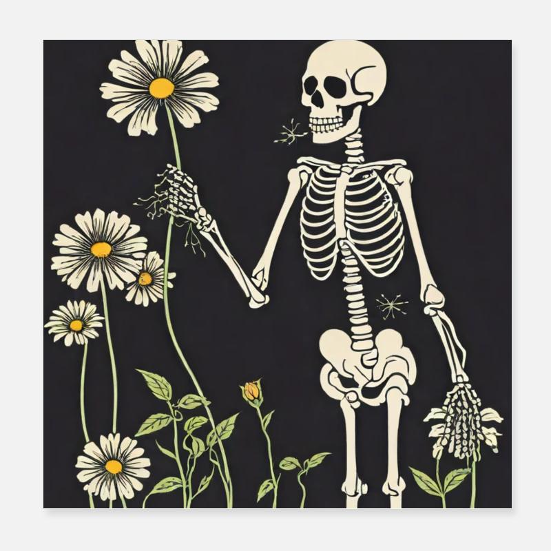 Skelett und Gänseblümchen-Strauß Poster 20x20 cm