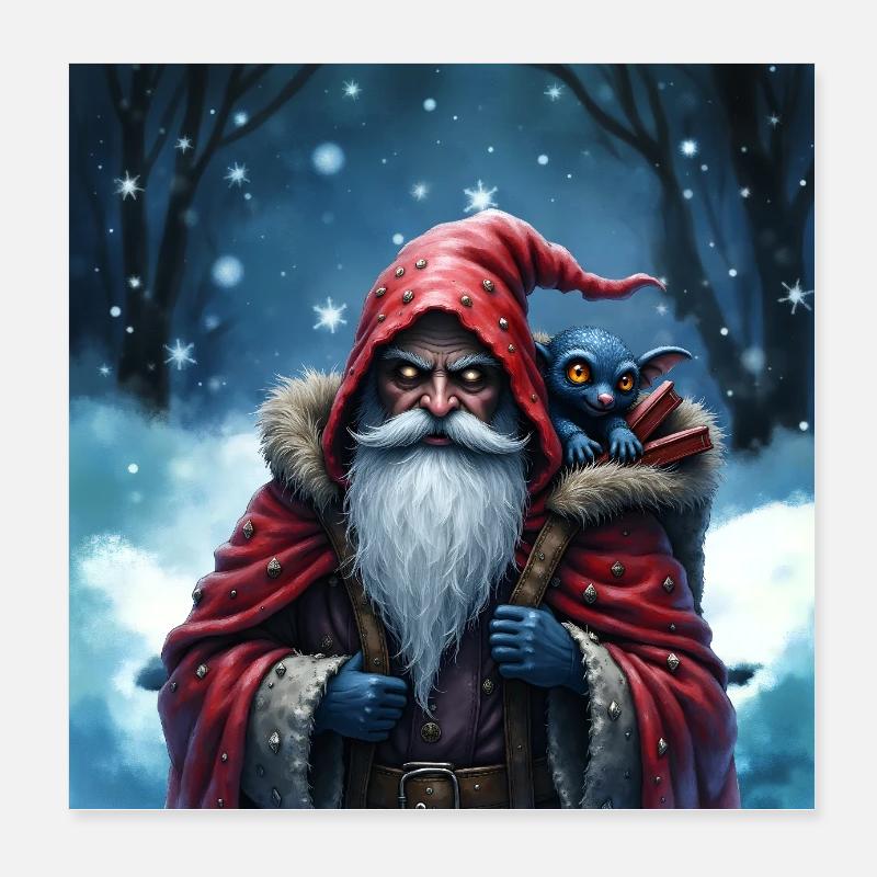 Santa Wizard with Blue Cat Poster 8" x 8" (20x20 cm)