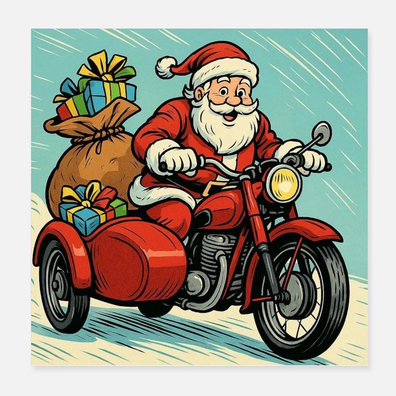 Le Père Noël sur une moto avec side-car – Style comics - Poster 20 x 20 cm - blanc