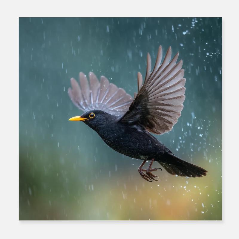 Blackbird in the rain Black thrush in the spring rain Poster 8" x 8" (20x20 cm)