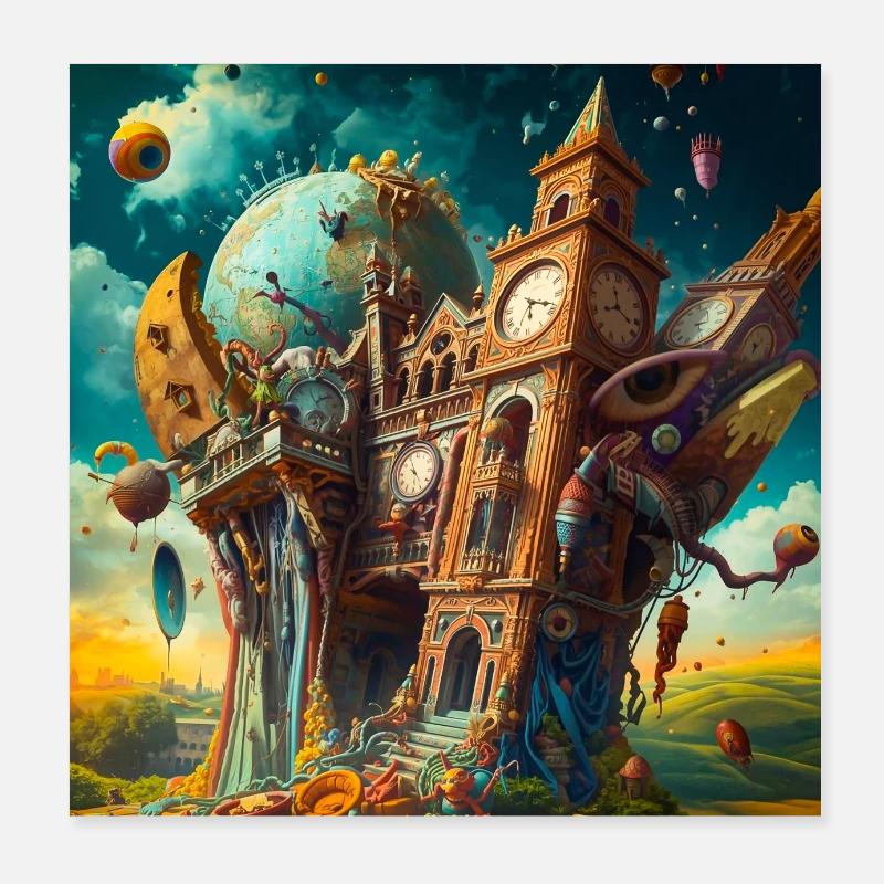 Surreal clock tower and globe Poster 8" x 8" (20x20 cm)