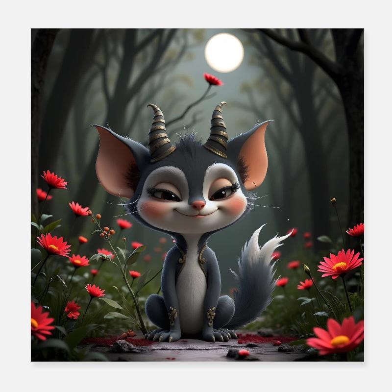 Kitten with horns in lunar forest Poster 8" x 8" (20x20 cm)