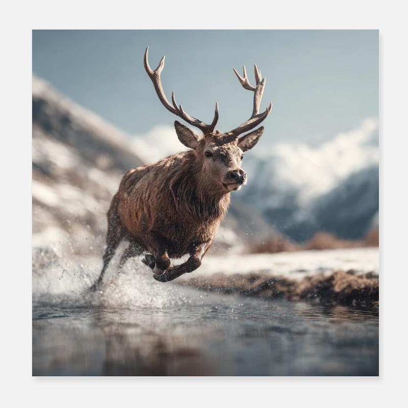 Springender Hirsch in den Alpen Poster 20x20 cm
