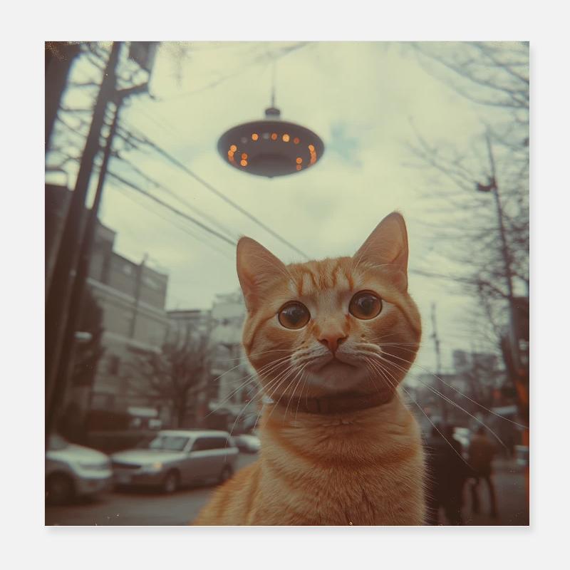 UFO-Katze über Neonstadt Poster 20x20 cm