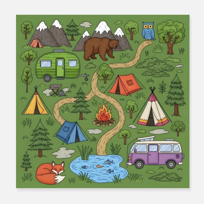 Illustration d’aventure de camping en forêt Poster 20 x 20 cm