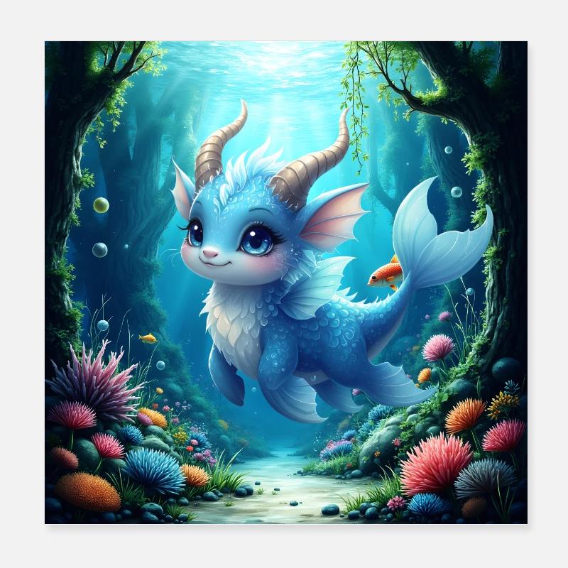 Wasserblauer Drache Poster 20x20 cm