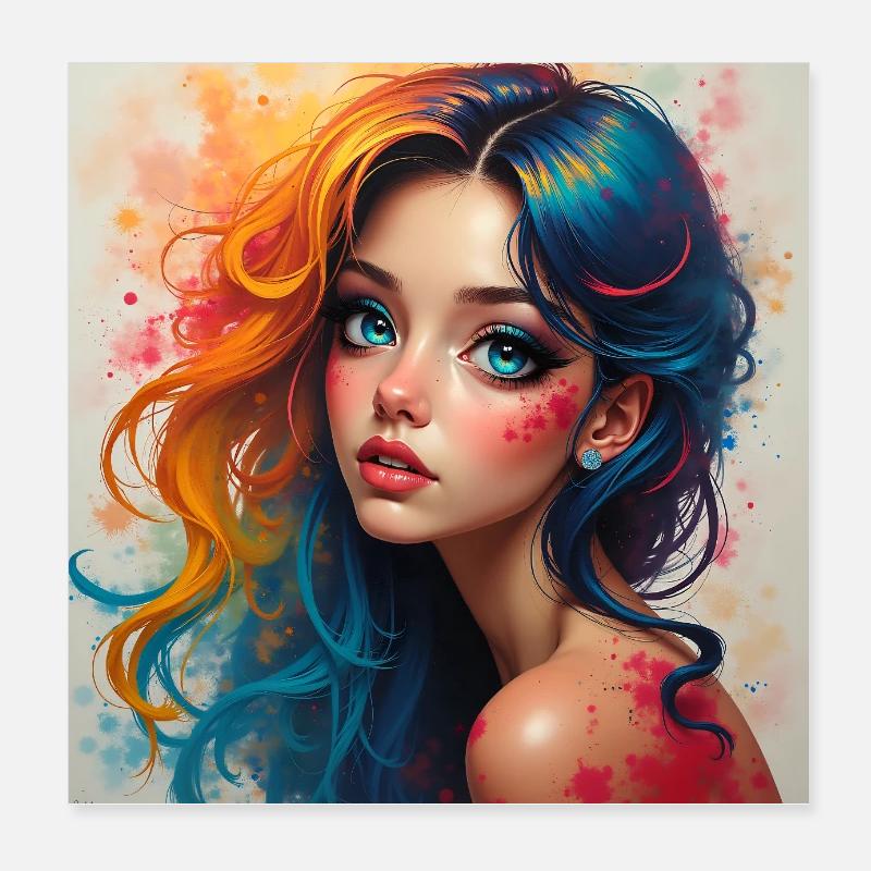 Regenbogen-Haar-Porträt-Splash Poster 20x20 cm
