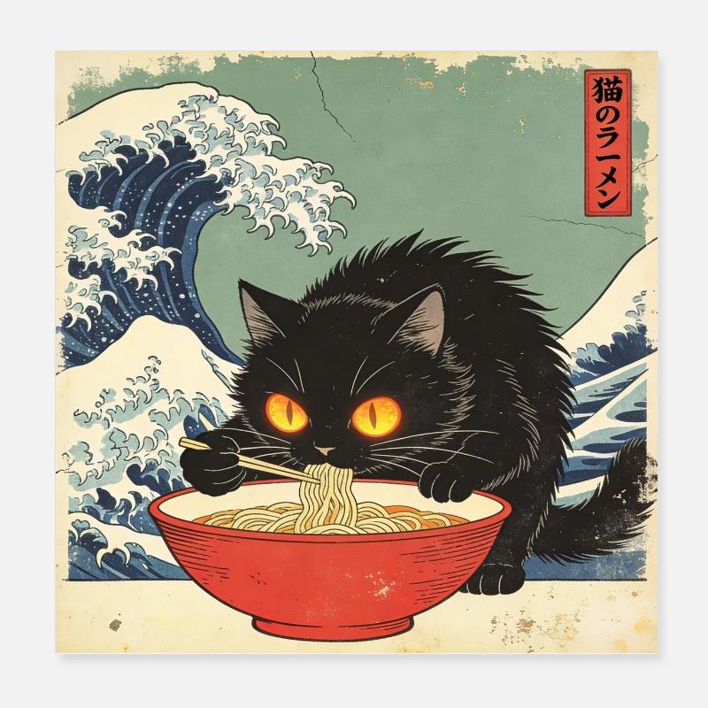 Japan Cat Ramen Noodles Retro Wave Pattern Poster 8" x 8" (20x20 cm)