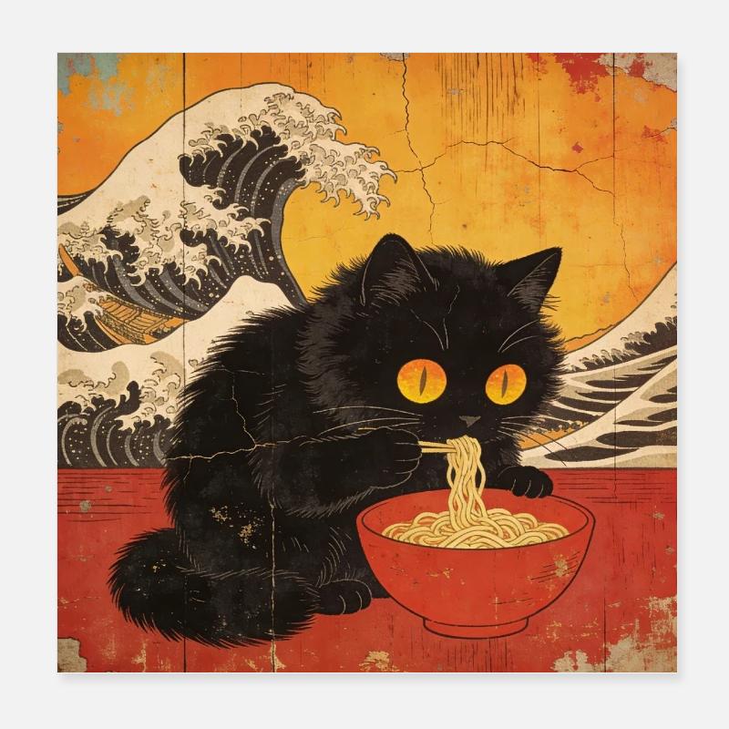 Japan Cat Ramen Noodles Retro Wave Pattern Poster 8" x 8" (20x20 cm)