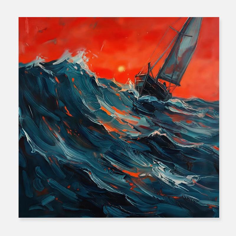 Rotes Abendlicht über Segelboot im Sturm Poster 20x20 cm