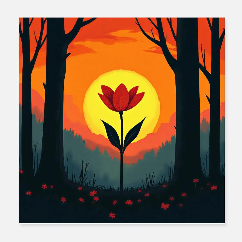 Le soleil se lève dans la forêt Poster 20 x 20 cm