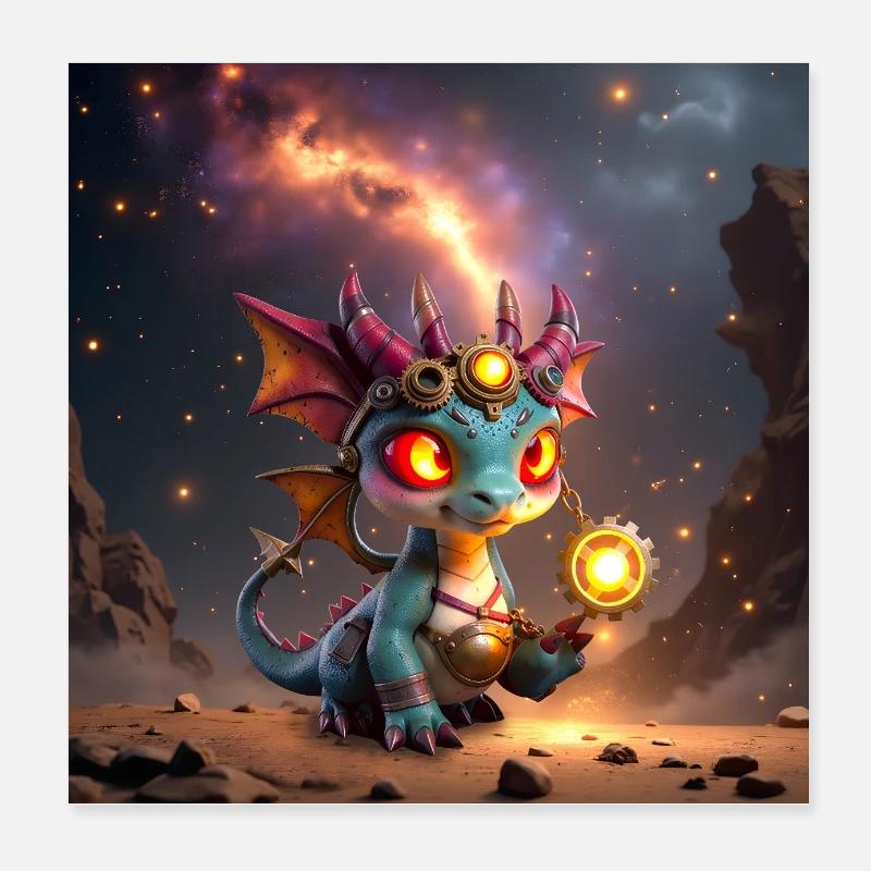 Leuchtender Steampunk-Drache mit Zahnrädern Poster 20x20 cm