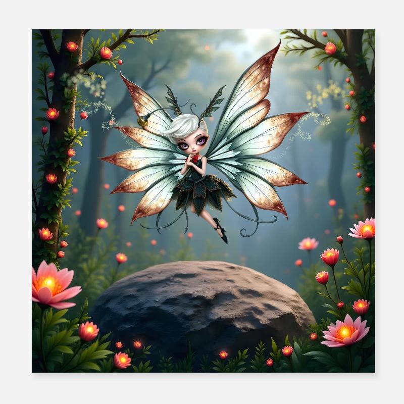 Feenlibelle im Blumenwald Poster 20x20 cm