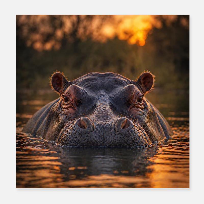Coucher de soleil, hippopotame dans l’eau Poster 20 x 20 cm