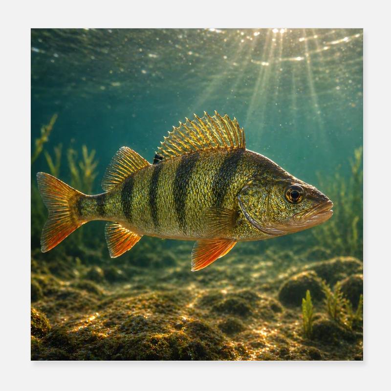 Perch in sunlight underwater Poster 8" x 8" (20x20 cm)