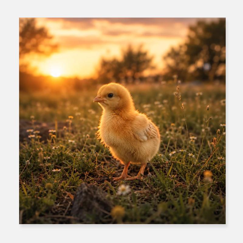 Yellow chicken at sunset - Poster 8" x 8" (20x20 cm) - white