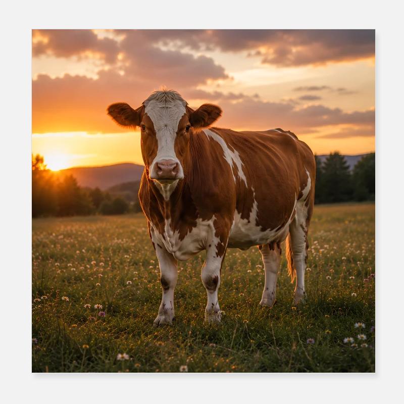 Coucher de soleil et vache dans la prairie - Poster 20 x 20 cm - blanc