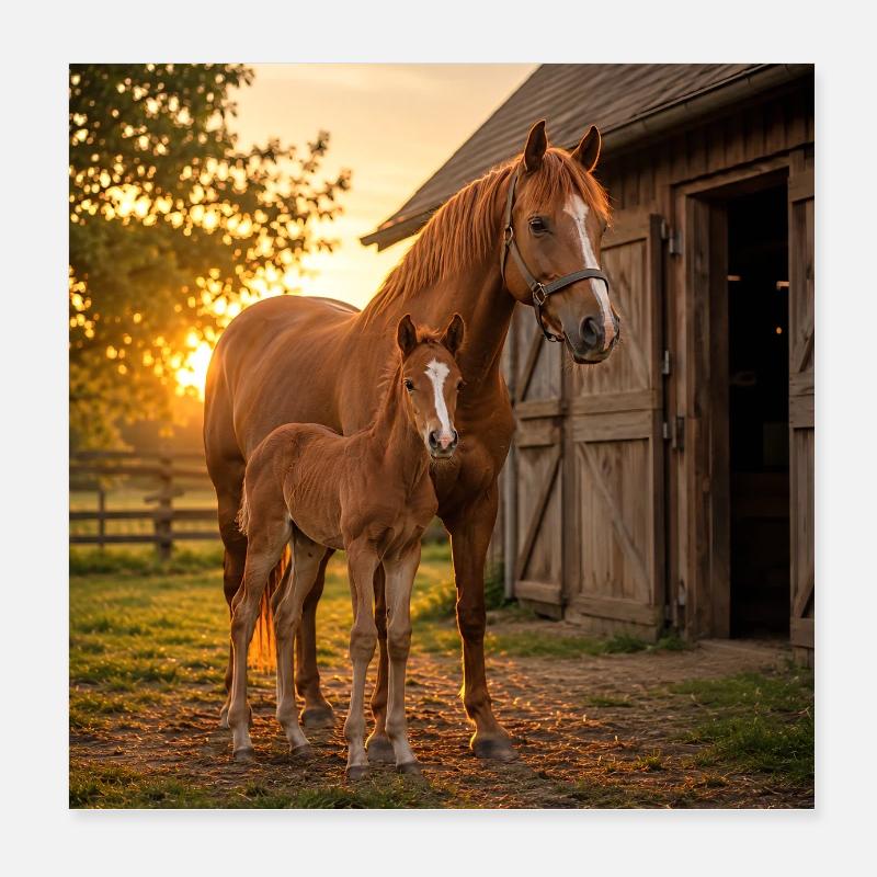 Sunset, mare with foal Poster 8" x 8" (20x20 cm)