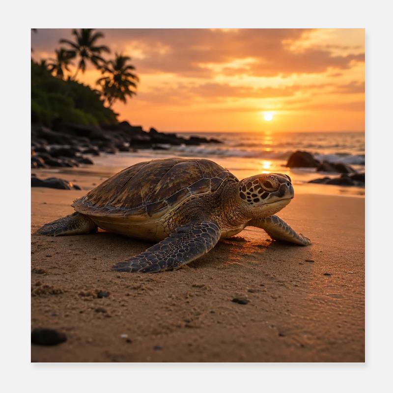Sonnenuntergangs-Meeresschildkröte - Poster 20x20 cm - Weiß