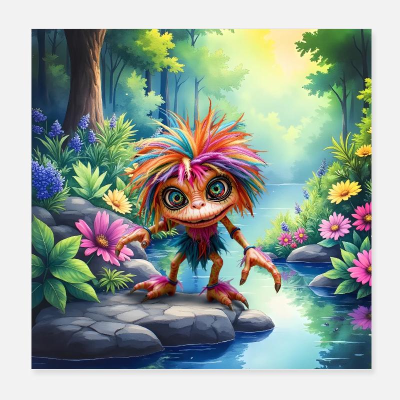 Créature multicolore dans la forêt riveraine Poster 20 x 20 cm