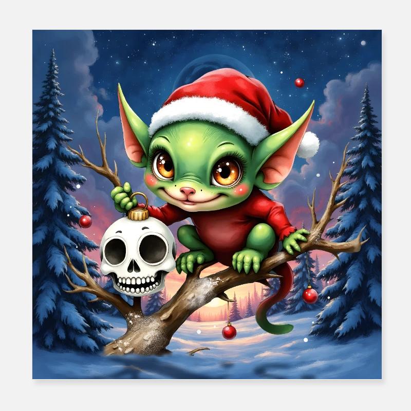 Elfe de Noël vert sur la branche Poster 20 x 20 cm