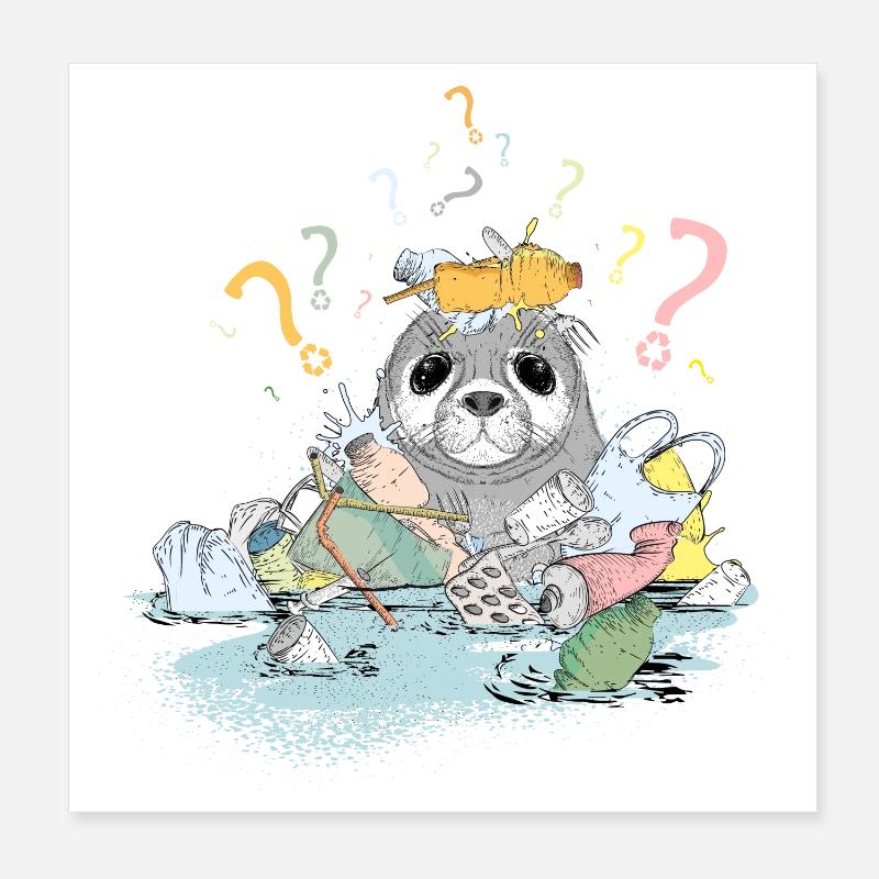 Plastic garbage and seal with lots of question marks Poster 8" x 8" (20x20 cm)