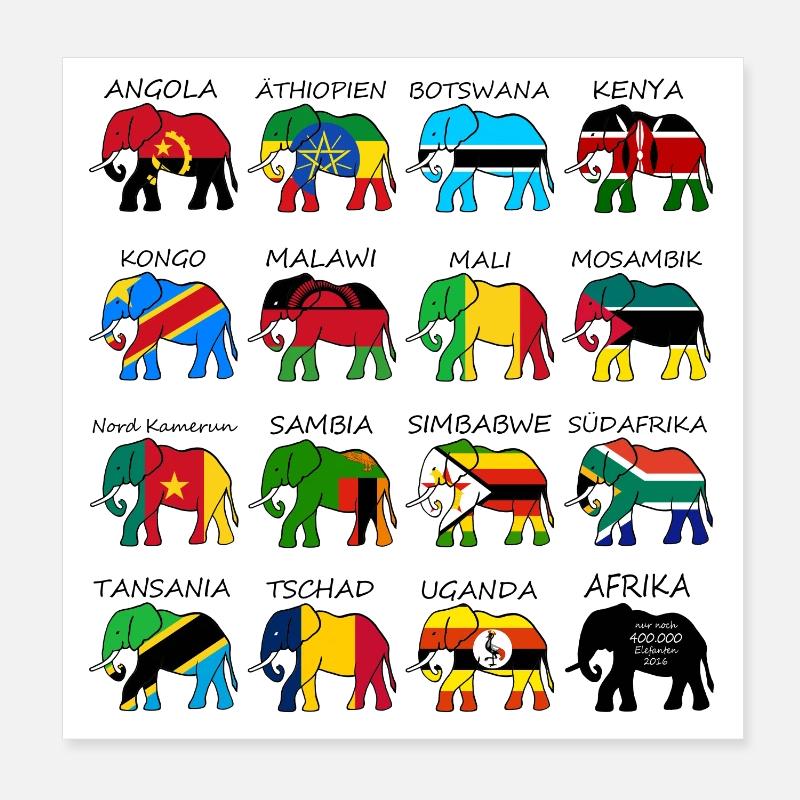 ELEFANTS AFRIQUE AVEC DRAPEAUX Poster 20 x 20 cm