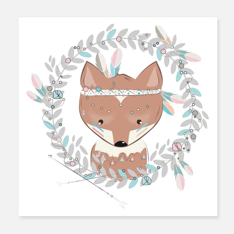 small fox with feather decoration in ethno frame Poster 8" x 8" (20x20 cm)