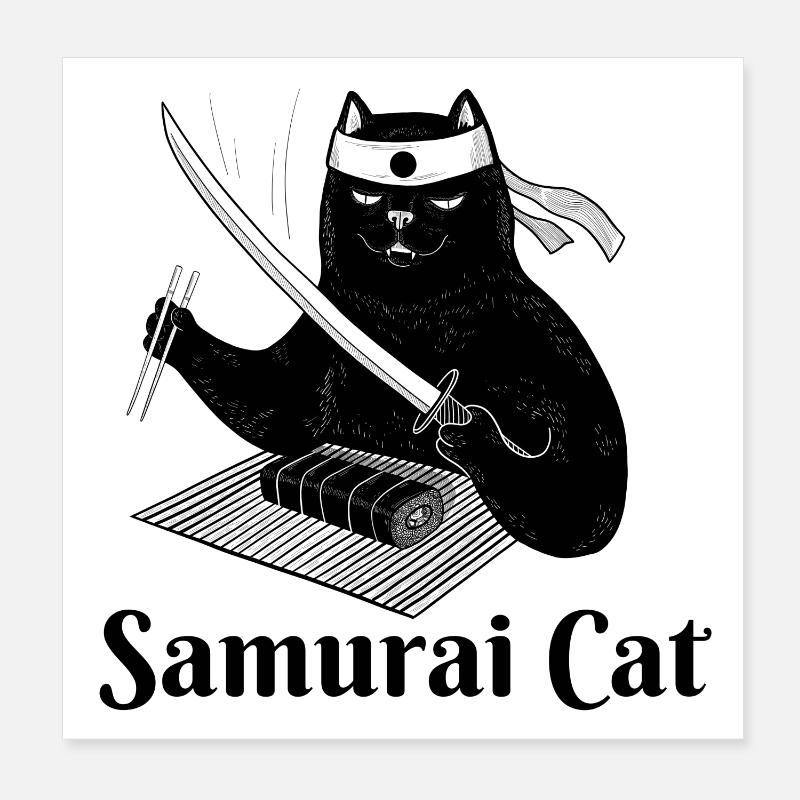 Katze, Samurai-Katze, Sushi, Essen Poster 20x20 cm