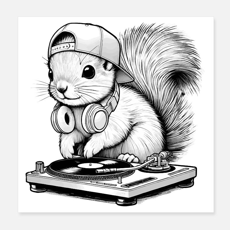 cooles Eichhörnchen-Motiv als DJ mit Kopfhörer Poster 20x20 cm