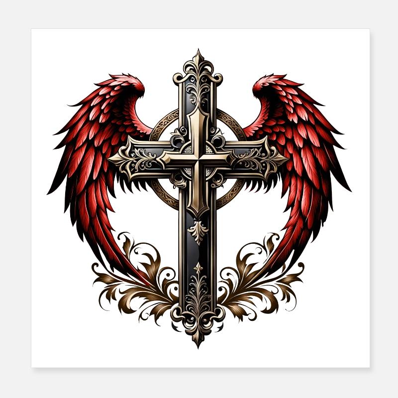 Elegant Decorative Artistic Cross with Wings. Poster 8" x 8" (20x20 cm)