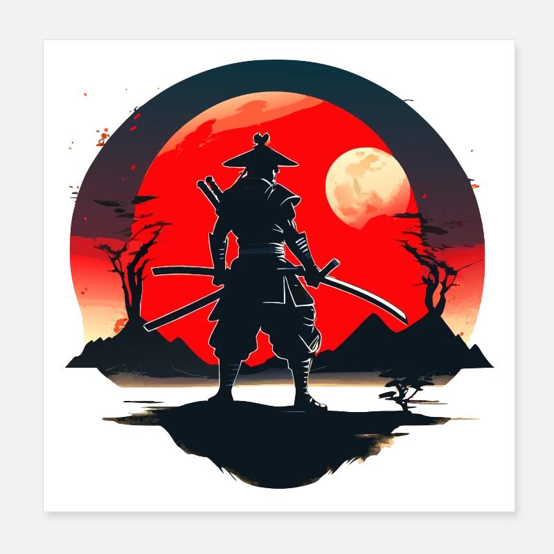 Samurai-Silhouette mit rotem Mondhintergrund Poster 20x20 cm