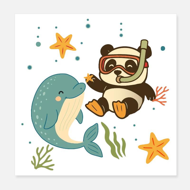 Panda diving with dolphin in the sea Poster 8" x 8" (20x20 cm)
