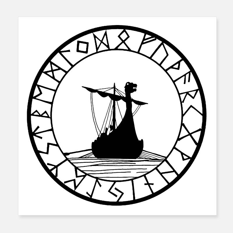 Schwarzes Wikinger-Langschiff und Kompass Poster 20x20 cm
