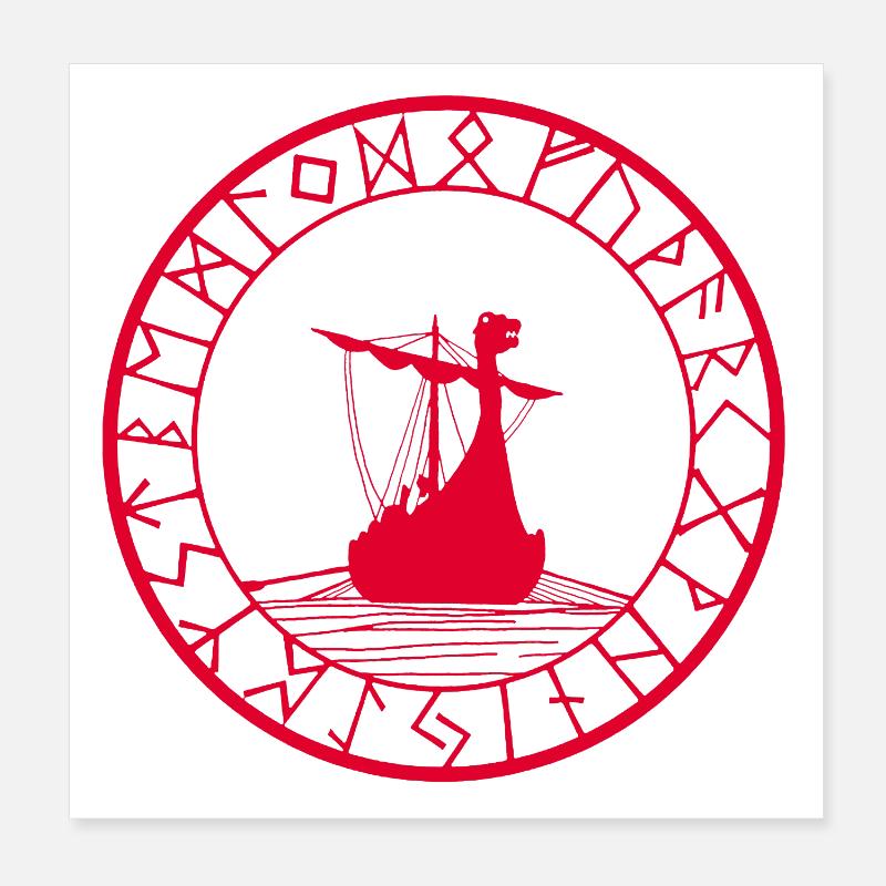 Rotes Wikinger-Langschiff und Kompass Poster 20x20 cm