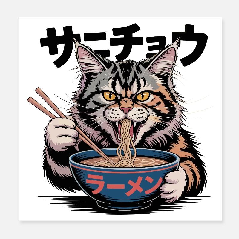 Chat Ramen affamé Chat Drôle Design Poster 20 x 20 cm