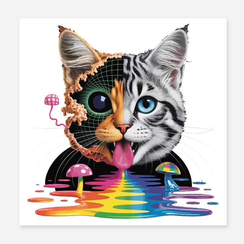 Surreal Cat Half-Glitch Design Poster 8" x 8" (20x20 cm)