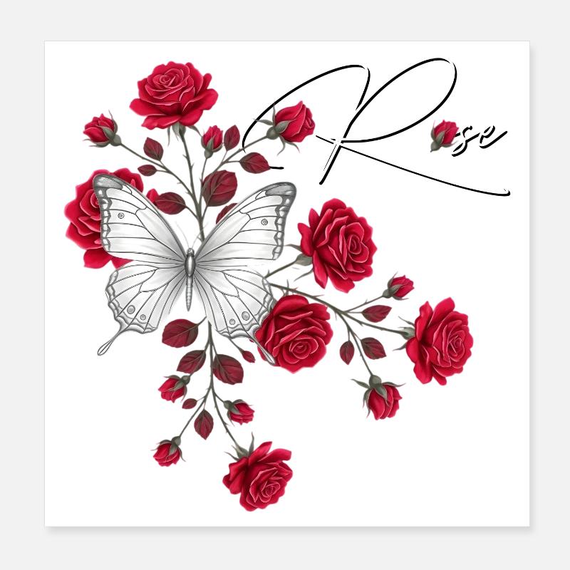 Rose et Papillon Élégance Poster 20 x 20 cm