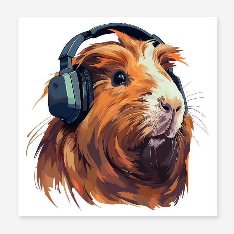 Cochon d’Inde avec des écouteurs Poster 20 x 20 cm
