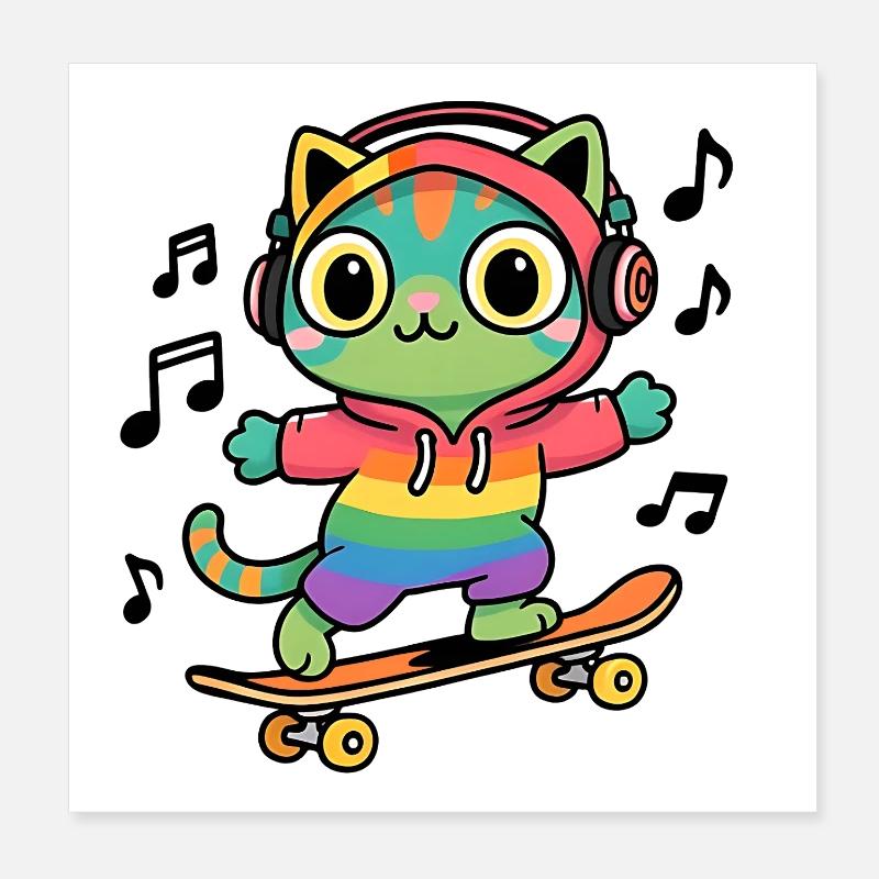 Regenbogenkatze auf Skateboard Poster 20x20 cm