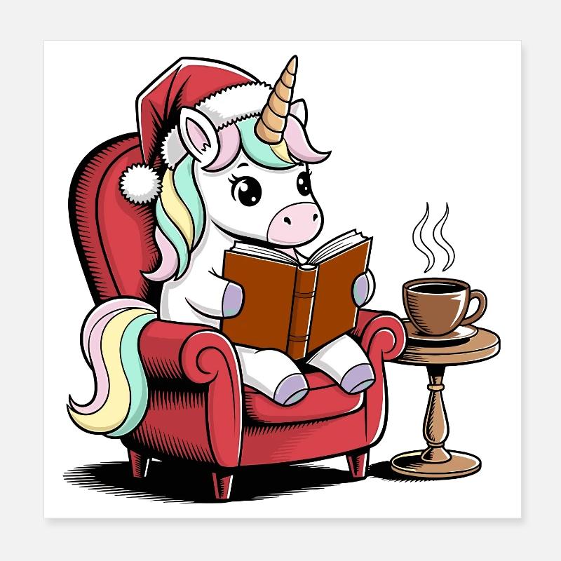 Einhorn mit Weihnachtsmütze liest ein Buch - Poster 20x20 cm - Weiß