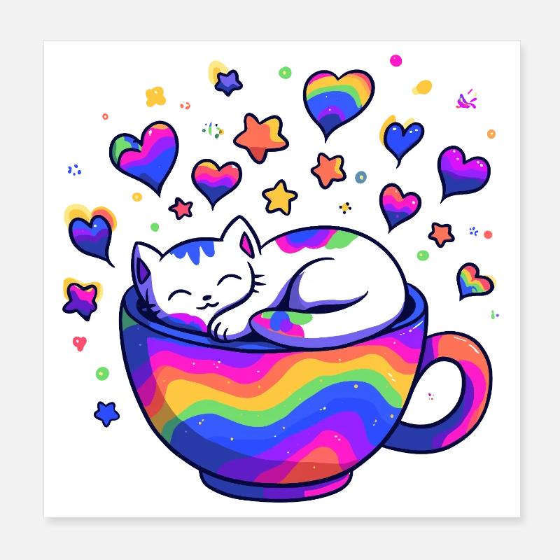 Rainbow Cat in Mug Poster 8" x 8" (20x20 cm)