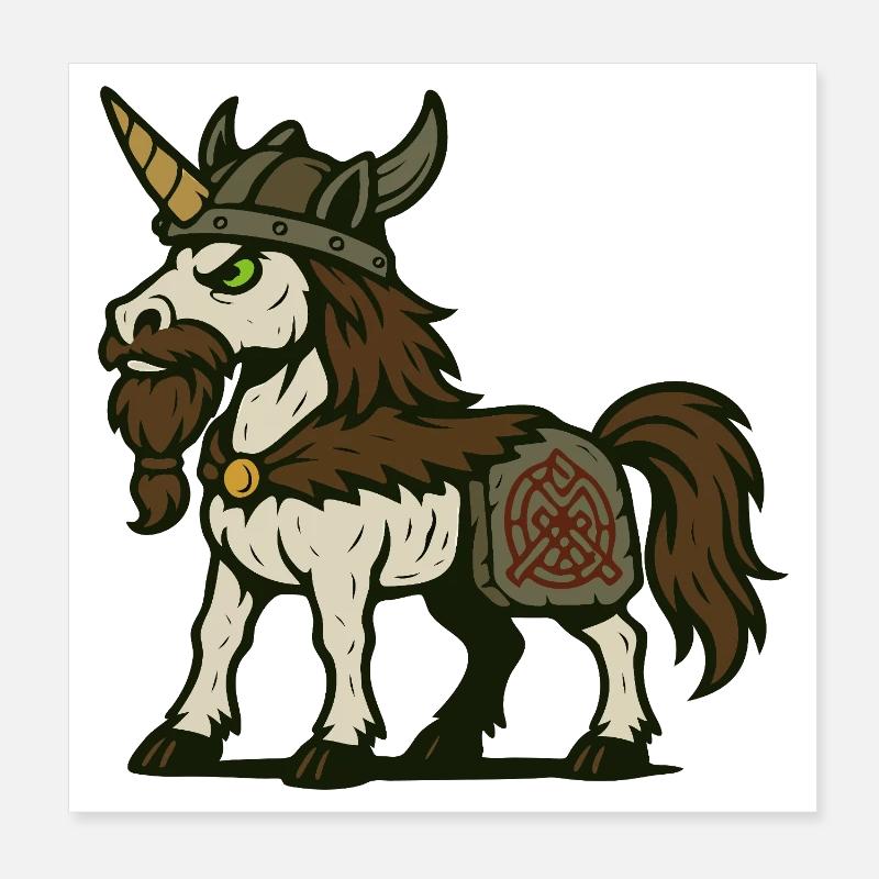 Wikinger-Krieger-Einhorn mit Bart und nordischem Zeichen Poster 20x20 cm