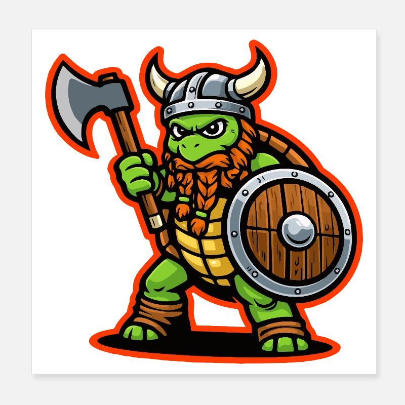 Viking Turtle Warrior Axe Shield Mascot Poster 8" x 8" (20x20 cm)