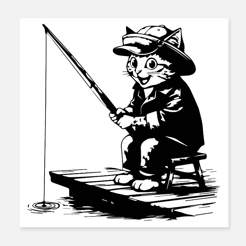 Chat Pêcheur Rigolo - Design Chat qui Pêche Poster 20 x 20 cm