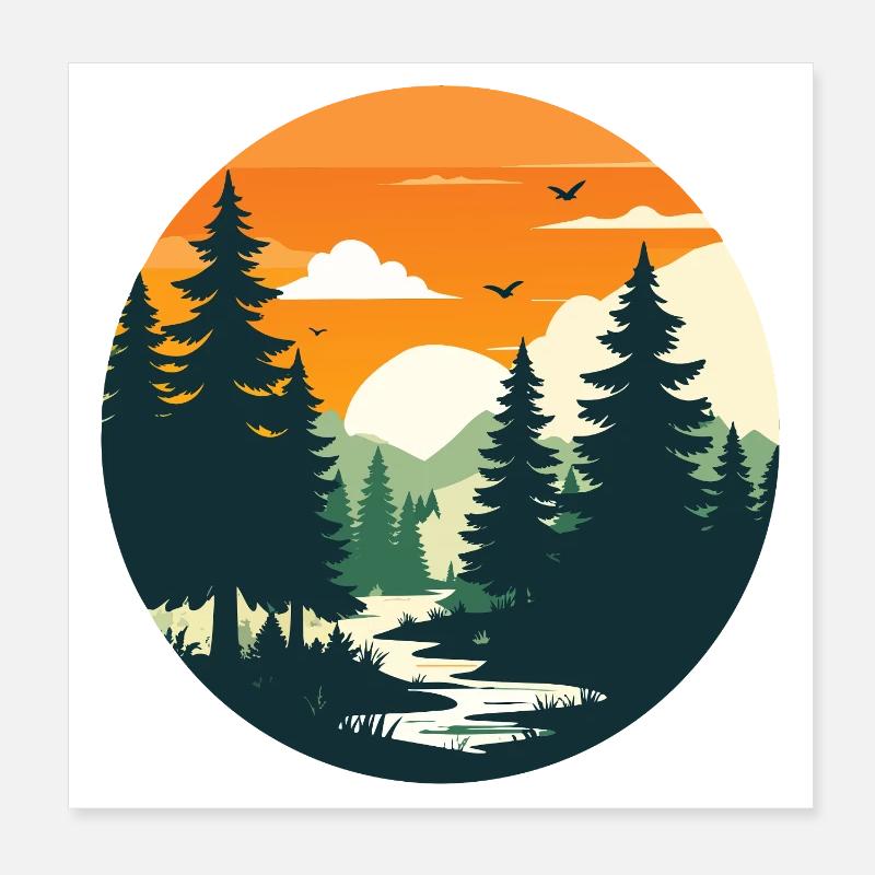 Coucher de soleil dans le paysage forestier panorama Poster 20 x 20 cm